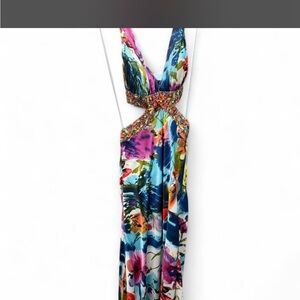 Dave & Johnny Light Blue Satin Dress with Multicolor Sequin Trim